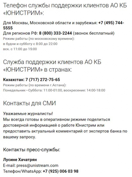 Горячая линия Юнистрим (денежные переводы), как написать в службу поддержки